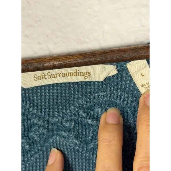 Soft Surroundings Teal Embroidered Waffle Knit Tunic Top Large Long Sleeve Boho - Picture 7 of 8